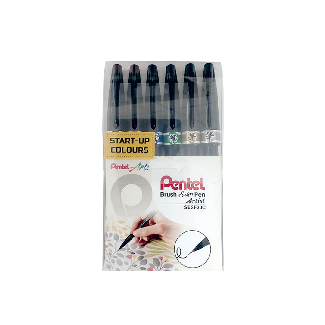 Pentel Brush Sign Pen Start-up Colors, Pack of 6 Pcs